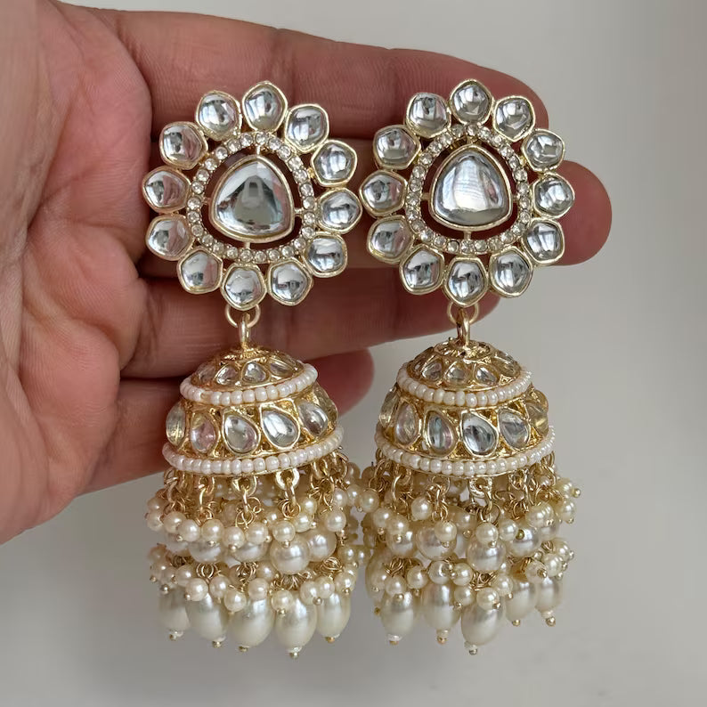 White Gold Pearl Jhumka/Punjabi Jewelry/Bollywood Jewelry/Gold Kundan Jhumkas/TrendyJhumka Earring/Indian Jewelry/Pakistani Jewelry