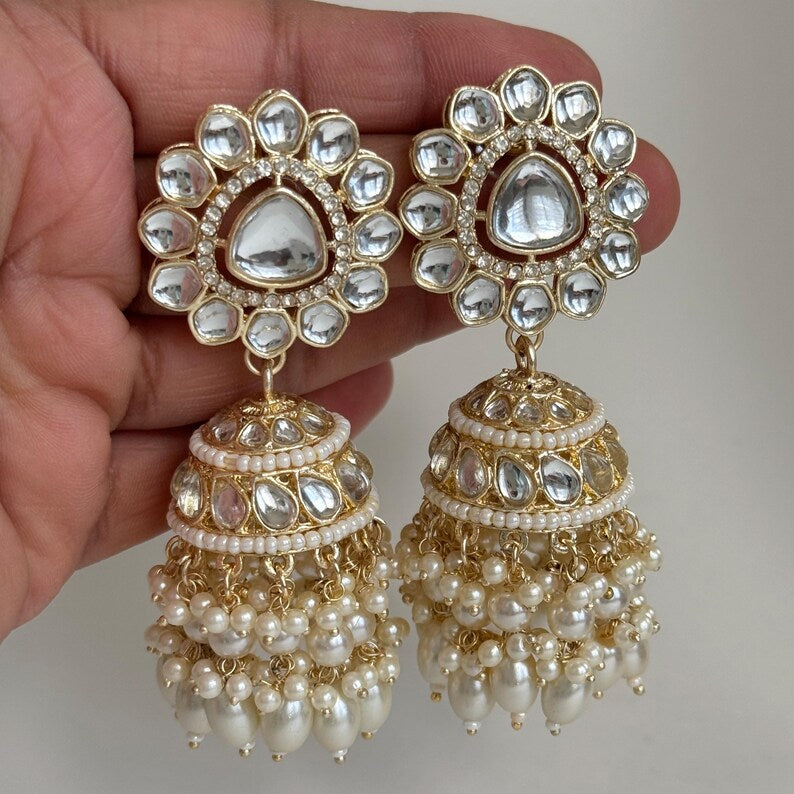 White Gold Pearl Jhumka/Punjabi Jewelry/Bollywood Jewelry/Gold Kundan Jhumkas/TrendyJhumka Earring/Indian Jewelry/Pakistani Jewelry