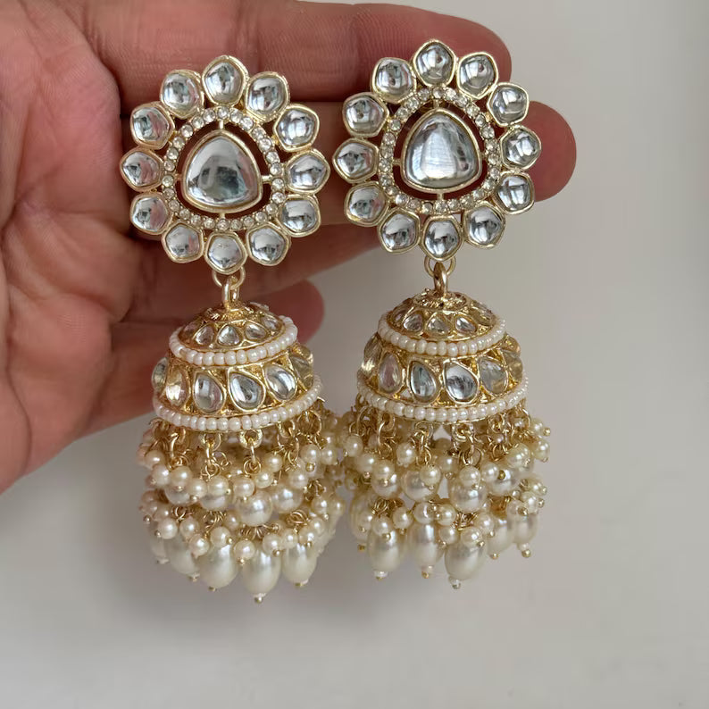 White Gold Pearl Jhumka/Punjabi Jewelry/Bollywood Jewelry/Gold Kundan Jhumkas/TrendyJhumka Earring/Indian Jewelry/Pakistani Jewelry