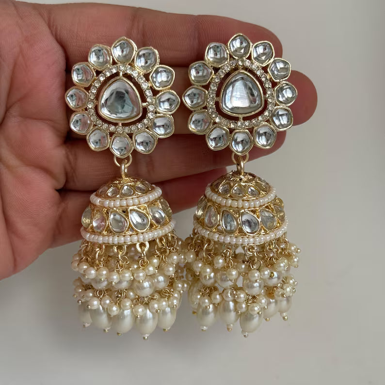 White Gold Pearl Jhumka/Punjabi Jewelry/Bollywood Jewelry/Gold Kundan Jhumkas/TrendyJhumka Earring/Indian Jewelry/Pakistani Jewelry