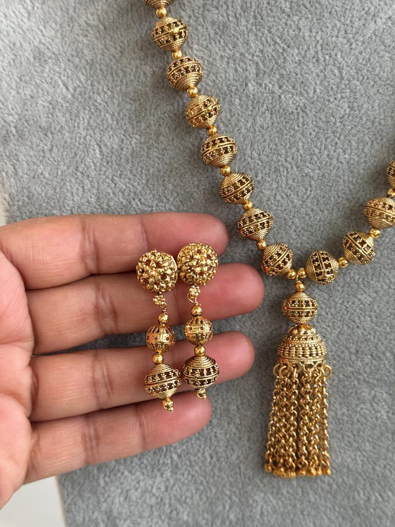Antique Matar Mala Necklace With Gold Plating\ Antique Gold Long Necklace/Indian Necklace/South Indian Necklace/Long Necklace/Indian Jewelry