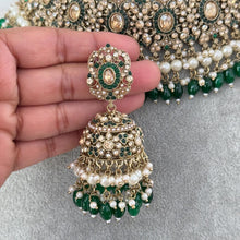 Green Antique Shadow Stone Pearl Choker Necklace with earrings and tikka and Passa Bridal necklace Indian Pakistani Punjabi Wedding Jewelry
