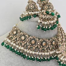 Green Antique Shadow Stone Pearl Choker Necklace with earrings and tikka and Passa Bridal necklace Indian Pakistani Punjabi Wedding Jewelry