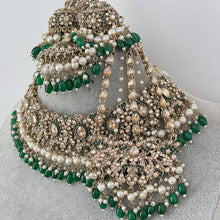Green Antique Shadow Stone Pearl Choker Necklace with earrings and tikka and Passa Bridal necklace Indian Pakistani Punjabi Wedding Jewelry