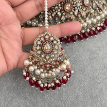 Maroon Antique Shadow Stone Pearl Choker Necklace with earrings and tikka and Passa Bridal necklace Indian Pakistani Punjabi Wedding Jewelry
