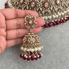 Maroon Antique Shadow Stone Pearl Choker Necklace with earrings and tikka and Passa Bridal necklace Indian Pakistani Punjabi Wedding Jewelry