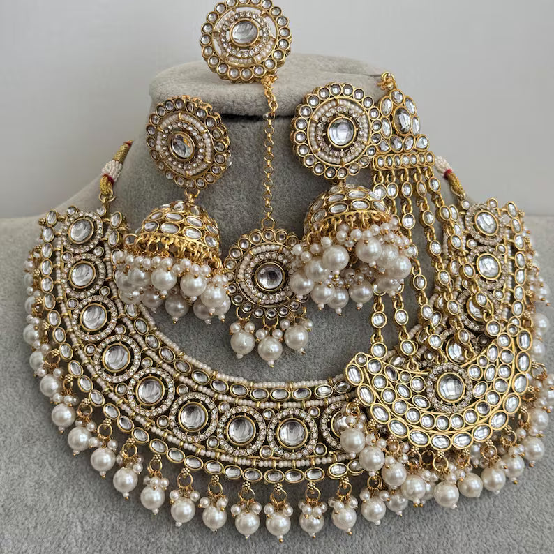 White Gold Kundan Pearl Necklace with earrings, tikka, Passa, and Ring, Bridal necklace Indian Pakistani Punjabi Wedding Jewelry