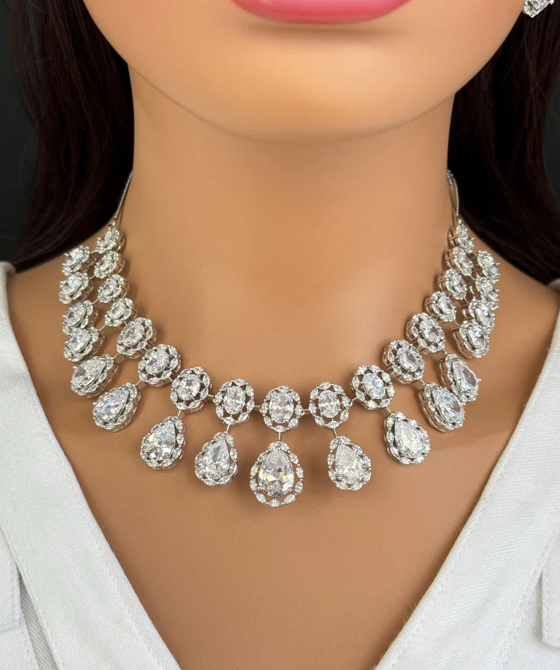 White silver American Diamond necklace/Delicate CZ Stones Necklace/Elegant/Unique Jewelry/Indian/Pakistani/Bollywood/Indian Wedding/Bridal