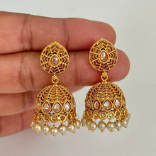 Gold Plated Polki Earrings/Polki Jhumka/Indian Earrings/pearl Earrings/Pakistani Earrings/Punjabi Earrings/Long chandelier/Wedding/Bridal