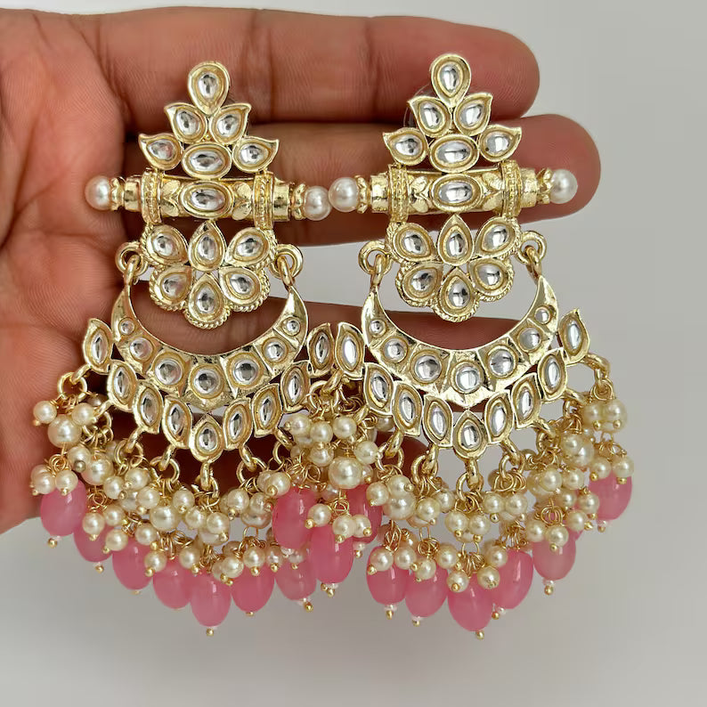 Bollywood Kundan Chandbali Earrings Indian Earrings pearl Earring Pakistani Earrings Statement Earrings Long chandelier Indian wedding