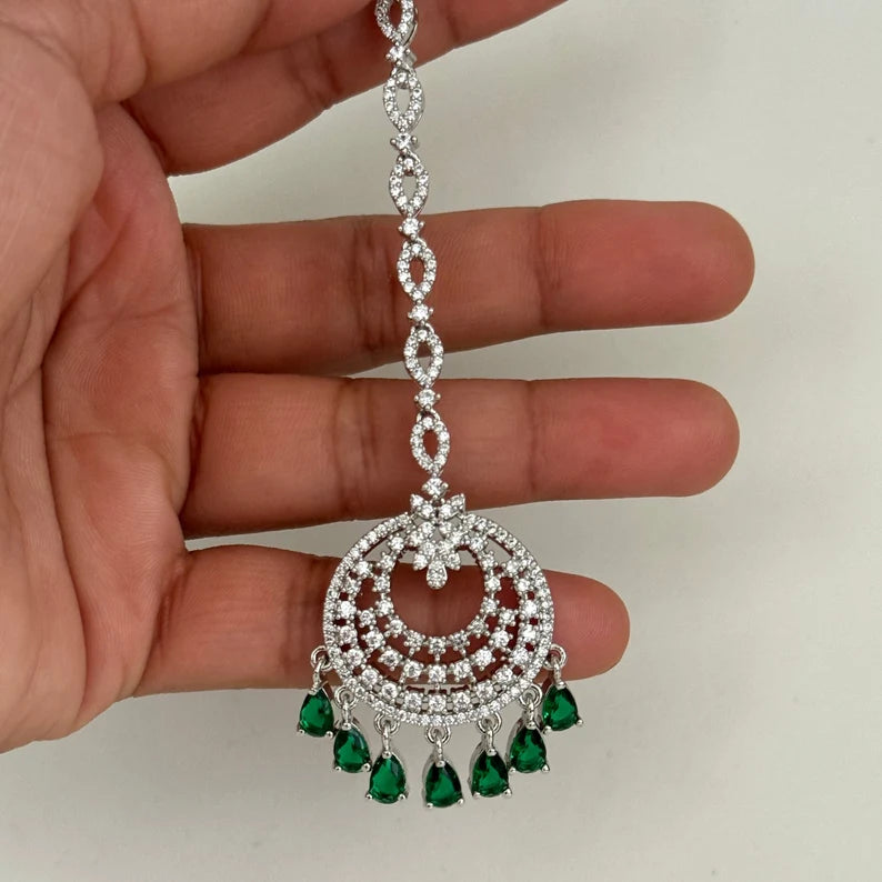 American Diamond Maang tikka/Indian Jewelry/ Indian Wedding Jewelry/ Pakistani Jewelry/ Jhoomer/ Matha patti/ Indian forehead jewelry