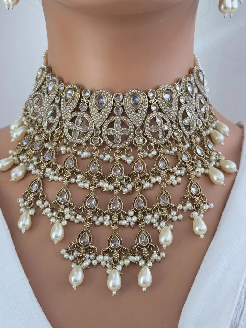 White Pearl Polki Kundan necklace set/Statement necklace Set/Indian Jewelry/Pakistani Jewelry set/Wedding necklace/Bridal necklace/Indian