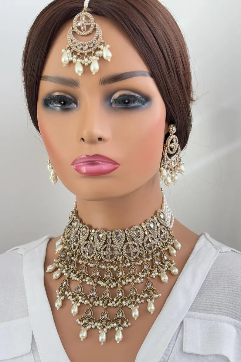White Pearl Polki Kundan necklace set/Statement necklace Set/Indian Jewelry/Pakistani Jewelry set/Wedding necklace/Bridal necklace/Indian