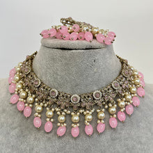Pink Antique Polki Kundan Pearl Necklace with earrings and tikka, bridal necklace, Indian Pakistani Wedding Jewelry