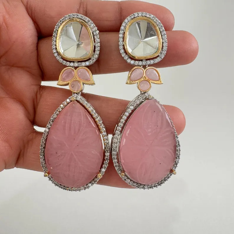 CZ American Diamond Carved stone Sabhyasachi earrings/Indian Jewelry/Pakistani Jewelry/Bollywood Jewelry/Statement earrings/Gift for her