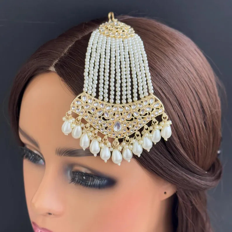 White gold Kundan Pearl Passa, Jhoomer, Side tikka Indian Punjabi Pakistani wedding jewelry, jewelry, Hair accesories