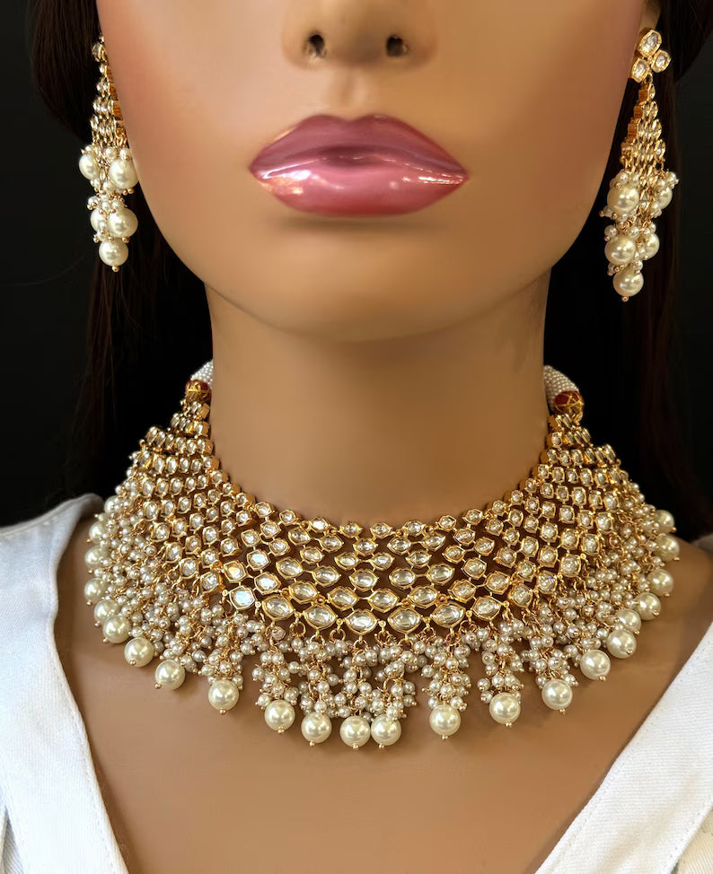 White Bridal Premium quality gold plated silver foiled Kundan necklace/Tyaani Kundan Jewelry/Fine Kundan Choker/Indian Bridal/wedding Jewelr