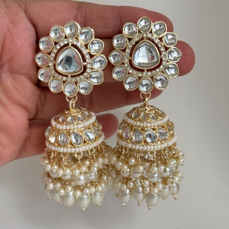White Gold Pearl Jhumka/Punjabi Jewelry/Bollywood Jewelry/Gold Kundan Jhumkas/TrendyJhumka Earring/Indian Jewelry/Pakistani Jewelry