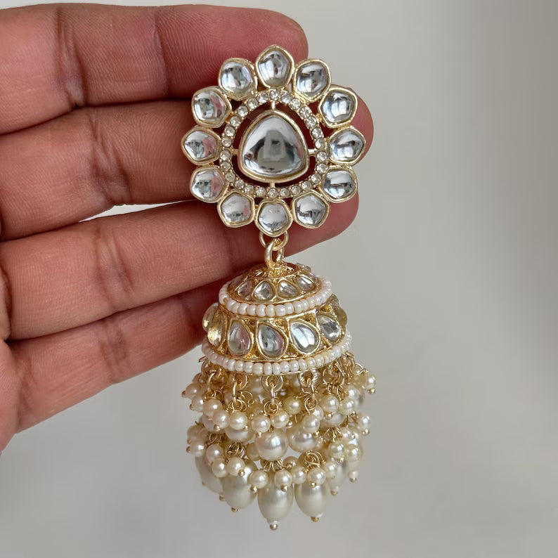 White Gold Pearl Jhumka/Punjabi Jewelry/Bollywood Jewelry/Gold Kundan Jhumkas/TrendyJhumka Earring/Indian Jewelry/Pakistani Jewelry