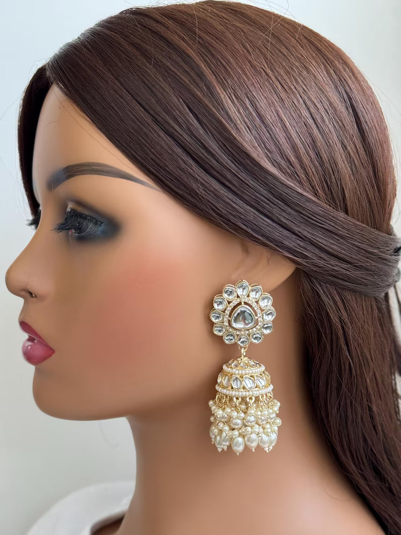 White Gold Pearl Jhumka/Punjabi Jewelry/Bollywood Jewelry/Gold Kundan Jhumkas/TrendyJhumka Earring/Indian Jewelry/Pakistani Jewelry
