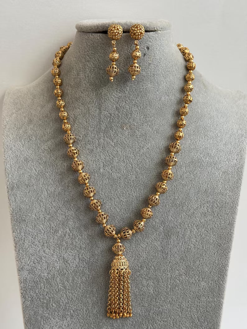 Antique Matar Mala Necklace With Gold Plating\ Antique Gold Long Necklace/Indian Necklace/South Indian Necklace/Long Necklace/Indian Jewelry