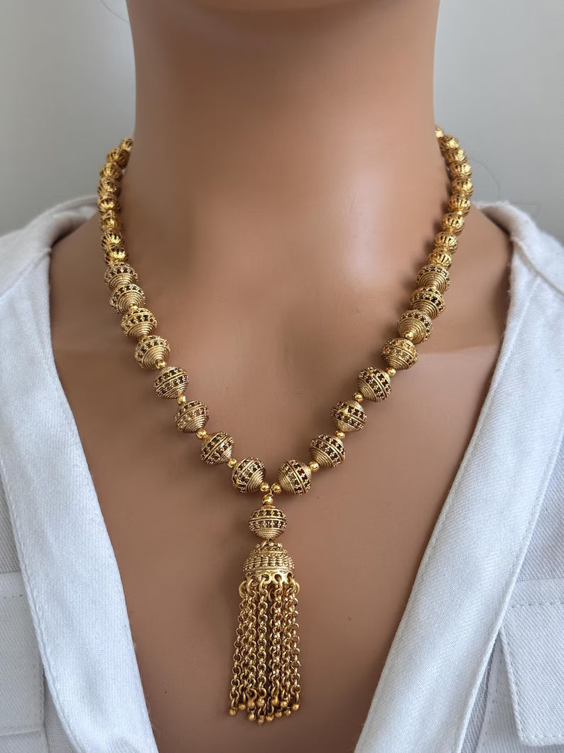 Antique Matar Mala Necklace With Gold Plating\ Antique Gold Long Necklace/Indian Necklace/South Indian Necklace/Long Necklace/Indian Jewelry