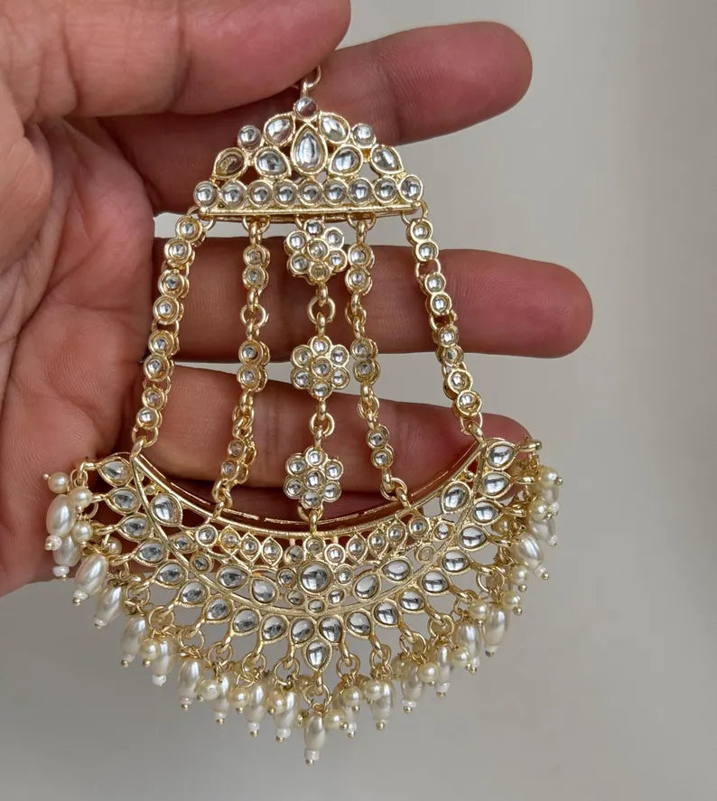 White gold Kundan Pearl Passa, Jhoomer, Side tikka Indian Punjabi Pakistani wedding jewelry, jewelry, Hair accesories