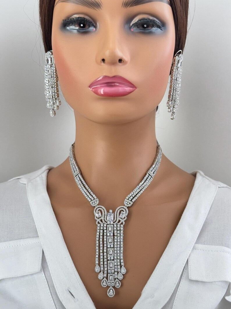 White Silver CZ Diamond necklace, American Diamond Necklace,Indian pakistani jewelry for wedding, gift for her, bridal jewelry