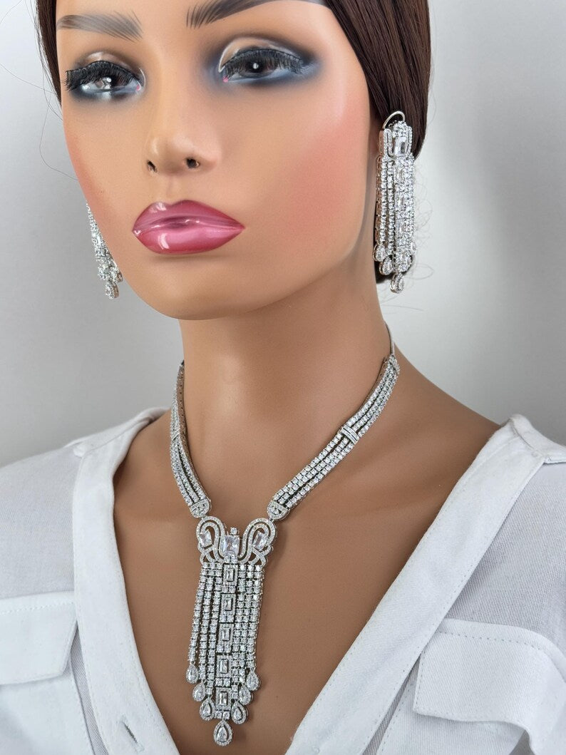 White Silver CZ Diamond necklace, American Diamond Necklace,Indian pakistani jewelry for wedding, gift for her, bridal jewelry