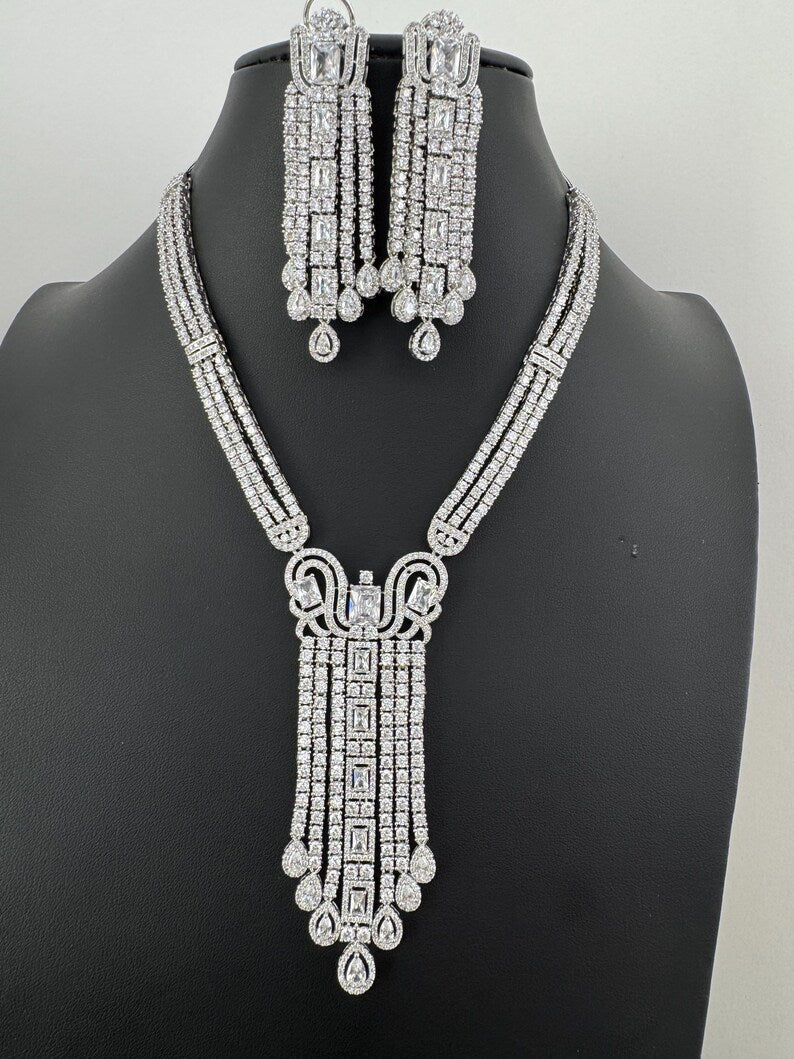 White Silver CZ Diamond necklace, American Diamond Necklace,Indian pakistani jewelry for wedding, gift for her, bridal jewelry