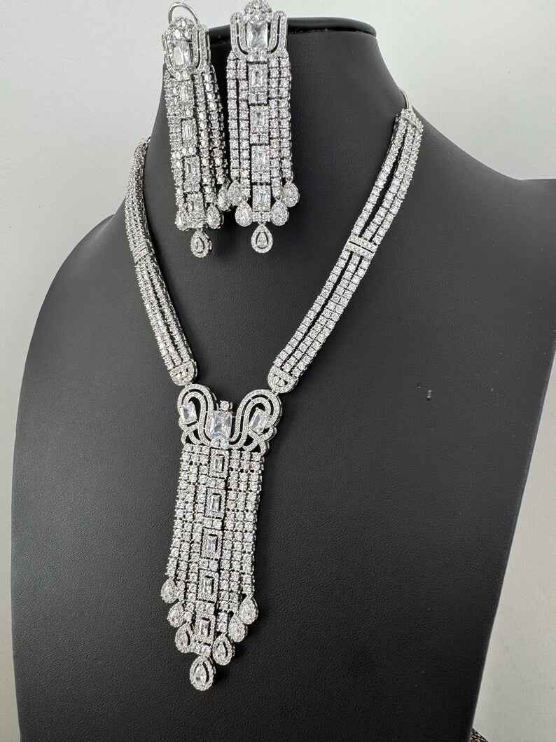 White Silver CZ Diamond necklace, American Diamond Necklace,Indian pakistani jewelry for wedding, gift for her, bridal jewelry