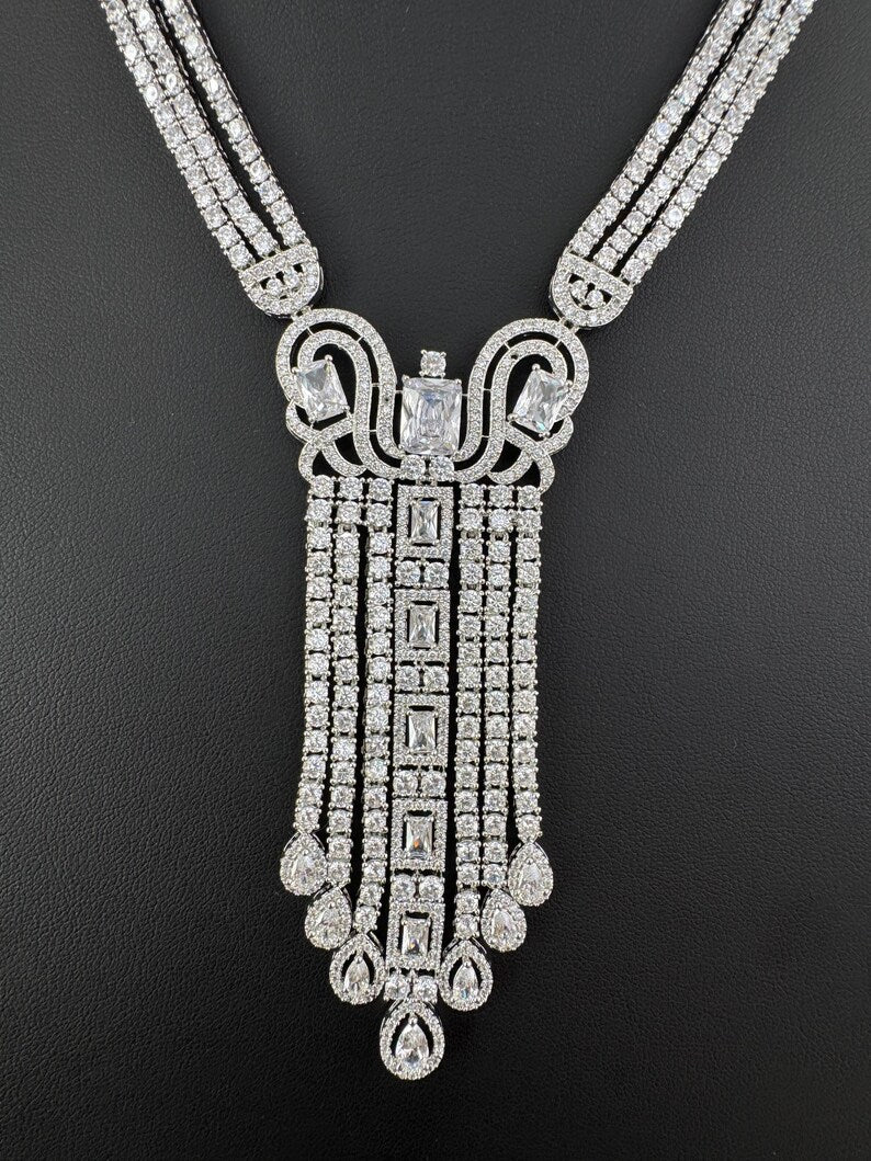 White Silver CZ Diamond necklace, American Diamond Necklace,Indian pakistani jewelry for wedding, gift for her, bridal jewelry