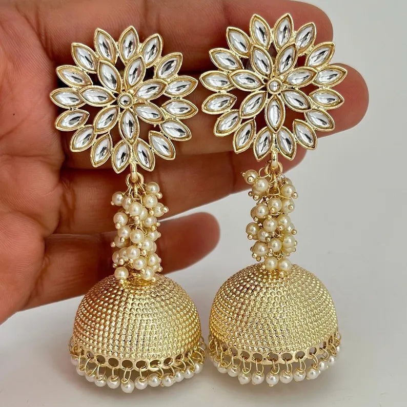 White Gold Pearl Jhumka/Punjabi Jewelry/Bollywood Jewelry/Gold Kundan Jhumkas/TrendyJhumka Earring/Indian Jewelry/Pakistani Jewelry