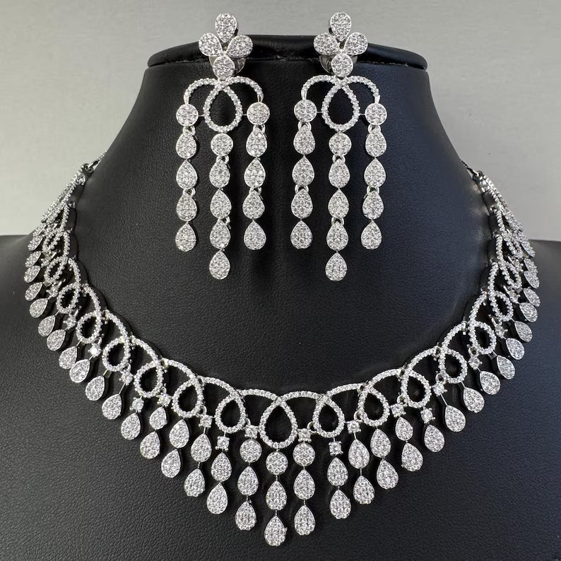 White silver American Diamond necklace/Delicate CZ Stones Necklace/Elegant/Unique Jewelry/Indian/Pakistani/Bollywood/Indian Wedding/Bridal