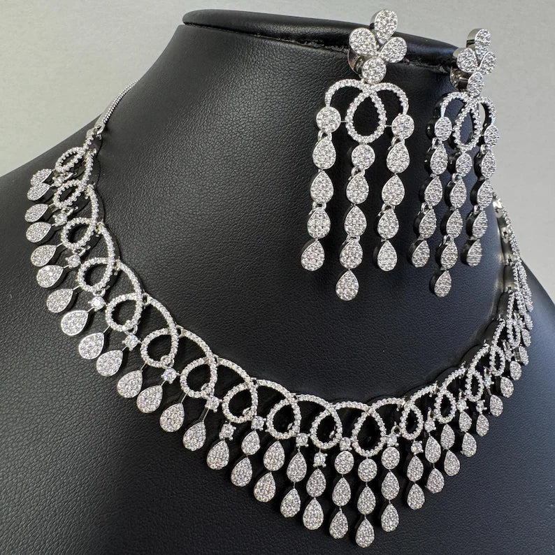 White silver American Diamond necklace/Delicate CZ Stones Necklace/Elegant/Unique Jewelry/Indian/Pakistani/Bollywood/Indian Wedding/Bridal