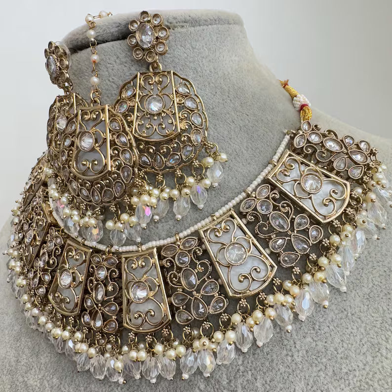 White Antique Polki Kundan necklace set/Reverse Ad Necklace/Statement necklace/Indian/Punjabi Necklace/Pakistani Jewelry/Bridal necklace/