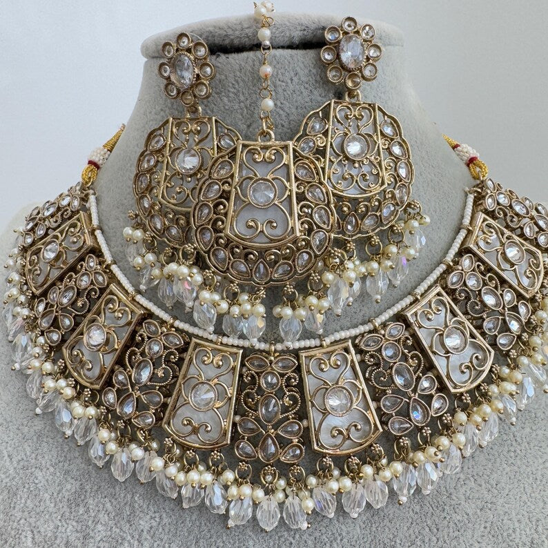 White Antique Polki Kundan necklace set/Reverse Ad Necklace/Statement necklace/Indian/Punjabi Necklace/Pakistani Jewelry/Bridal necklace/