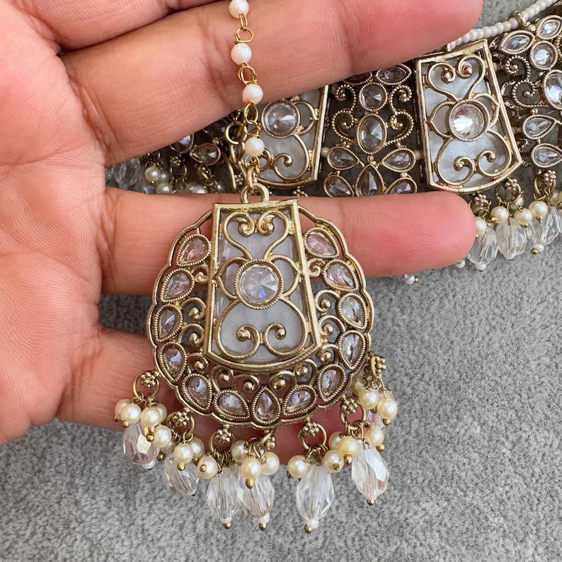 White Antique Polki Kundan necklace set/Reverse Ad Necklace/Statement necklace/Indian/Punjabi Necklace/Pakistani Jewelry/Bridal necklace/