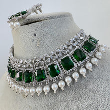 Green Silver CZ Diamond necklace, American Diamond Necklace,Indian pakistani jewelry for wedding, gift for her, bridal jewelry