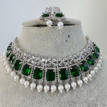 Green Silver CZ Diamond necklace, American Diamond Necklace,Indian pakistani jewelry for wedding, gift for her, bridal jewelry