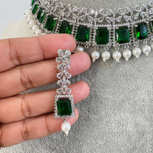 Green Silver CZ Diamond necklace, American Diamond Necklace,Indian pakistani jewelry for wedding, gift for her, bridal jewelry