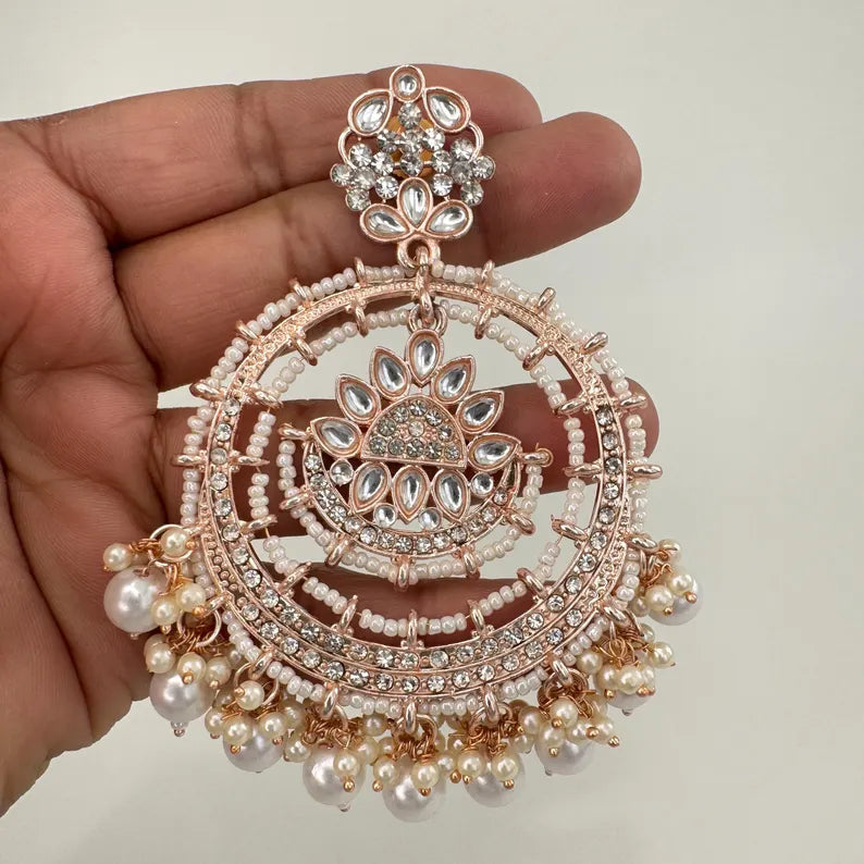 White Rose Gold Bollywood Stone Kundan Chandbali Earrings, Stone earrings, Indian Kundan Earrings,Pakistani Punjabi earrings, Indian wedding