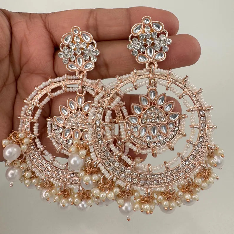 White Rose Gold Bollywood Stone Kundan Chandbali Earrings, Stone earrings, Indian Kundan Earrings,Pakistani Punjabi earrings, Indian wedding