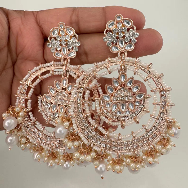 White Rose Gold Bollywood Stone Kundan Chandbali Earrings, Stone earrings, Indian Kundan Earrings,Pakistani Punjabi earrings, Indian wedding