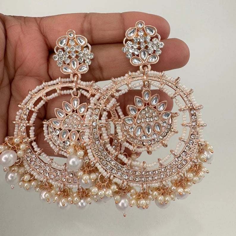 White Rose Gold Bollywood Stone Kundan Chandbali Earrings, Stone earrings, Indian Kundan Earrings,Pakistani Punjabi earrings, Indian wedding