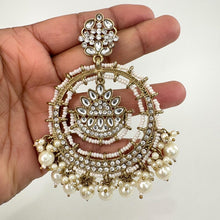 White Antique Dull Gold Bollywood Stone Kundan Earrings Indian chandbali Pakistani jewelry, kundan earrings indian pakistani wedding