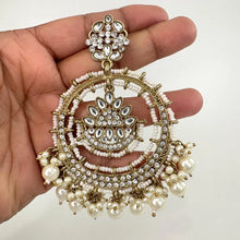 White Antique Dull Gold Bollywood Stone Kundan Earrings Indian chandbali Pakistani jewelry, kundan earrings indian pakistani wedding