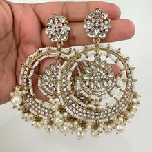 White Antique Dull Gold Bollywood Stone Kundan Earrings Indian chandbali Pakistani jewelry, kundan earrings indian pakistani wedding