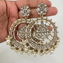 White Antique Dull Gold Bollywood Stone Kundan Earrings Indian chandbali Pakistani jewelry, kundan earrings indian pakistani wedding