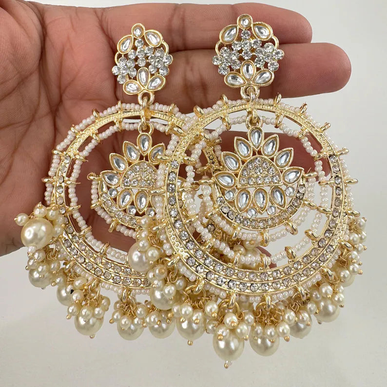 White Gold Bollywood Stone Kundan Chandbali Earrings, Indian chandbali, Pakistani jewelry, kundan earrings, indian Pakistani wedding